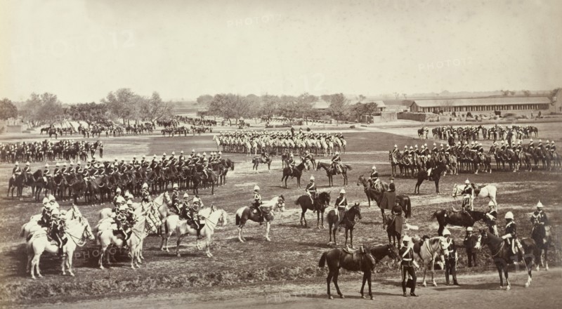 Military parade of the Carabiniers. The Carabiniers or Sixth Dragoon Guards, a cavalry regiment of the British Army, line up on horseback in preparation for a military parade. Sialkot, Punjab, India (Punjab, Pakistan), 1882. Sialkot, Punjab, Pakistan, Southern Asia, Asia.