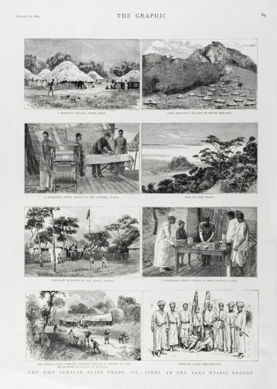 Missionary work in the Lake Malawi region. A page of illustrations taken from 'The Graphic' newspaper features scenes of missionary work at settlements in the Lake Malawi region of Nyasaland. The African Lakes Company, which was established to supply these missions with good and services, is also featured. Nyasaland (Malawi), circa 1889. Malawi, Southern Africa, Africa.
