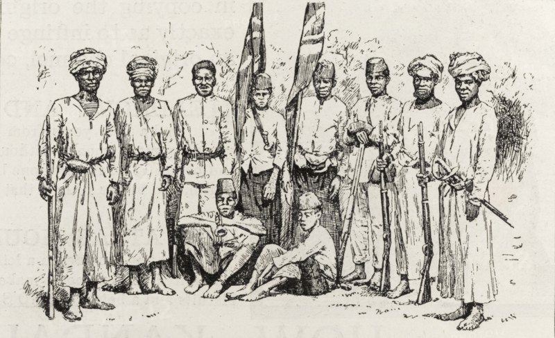 Employees of the British Consulate in Nyasaland. An illustration taken from a page of 'The Graphic' newspaper depicts a group of African guards and servants, employed by the British Consulate in Nyasaland. The men, who wear traditional dress including turbans and fez hats, are armed with rifles and pose for a portrait with two union jack flags. Nyasaland (Malawi), circa 1889. Malawi, Southern Africa, Africa.