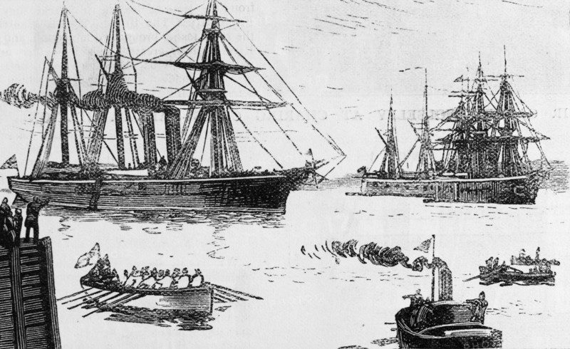 Viscount Wolseley arrives in Trieste harbour. HMS Iris enters the harbour of Trieste en route to the United Kingdom, carrying Viscount Wolseley on his return from Egypt after the victorious Battle of Tel-el-Kebir. Trieste, Italy, 25 October 1882. Trieste, Friuli-Venezia Giulia, Italy, Mediterranean, Europe .