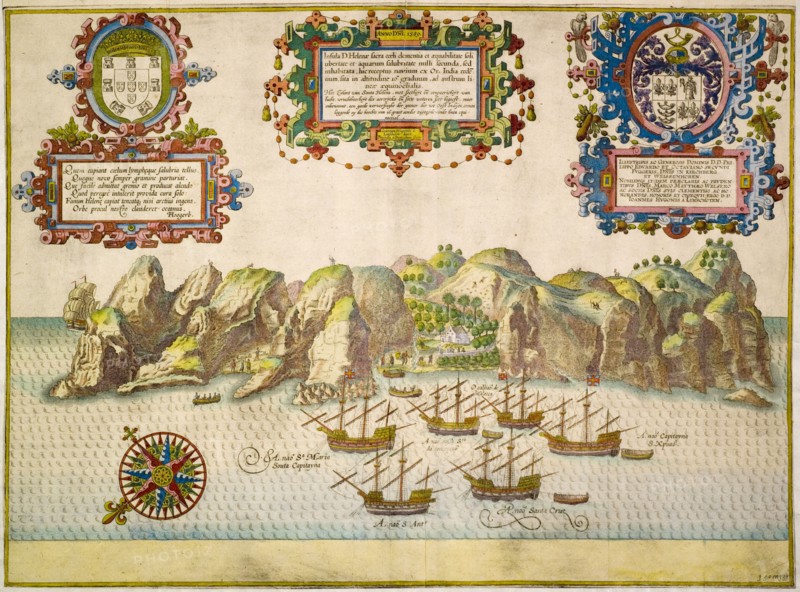 Illustration of St Helena, 1589. An illustration of the island of St Helena features several Portuguese galleons sailing off the coast. The accompanying text, written in Latin and Dutch, promotes the uninhabited island as a good mooring place for travellers from the East Indies. St Helena, circa 1589. St Helena, Atlantic Ocean, Africa.