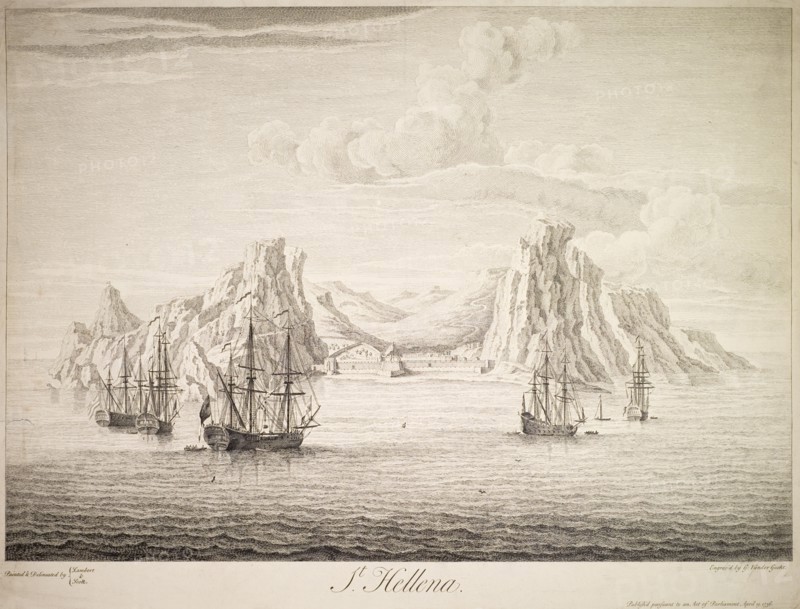 Galleons off the coast of St Helena. An engraving, based on a painting by George Lambert (1710-1765) and Samuel Scott (1703-1772), features several galleons approaching the island of St Helena near the fortified coastline at Jamestown. Jamestown, St Helena, 1736. Jamestown, St Helena, St Helena, Atlantic Ocean, Africa.