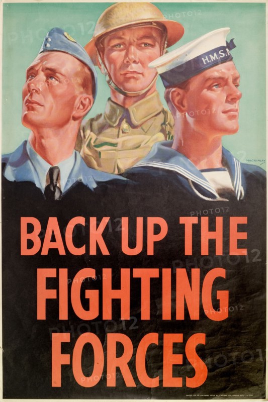 Back up the Fighting Forces'. A poster printed for the HM Stationary Office during World War II (1939-45), encourages British men to enlist in the fighting forces. England, United Kingdom, circa 1940. England (United Kingdom), Western Europe, Europe .