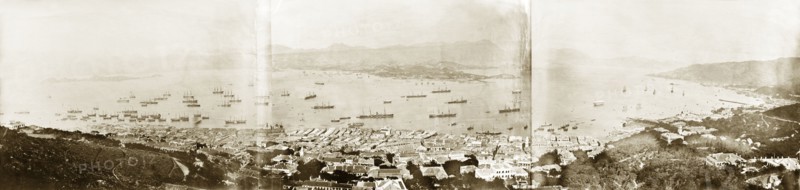 View across Victoria Harbour. View over Victoria Harbour, looking across to the Kowloon peninsula. A variety of vessels are visible, ranging from British naval ships to Chinese sampans. Hong Kong, China, circa 1904. Hong Kong, Hong Kong, China, People's Republic of, Eastern Asia, Asia.