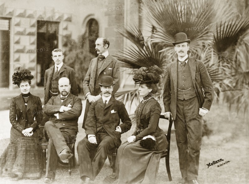 The Lawleys visit the Tennysons. Group portrait of Sir Arthur and Lady Annie Lawley (seated third from left and far left respectively) with Lord Hallam and Lady Audrey Tennyson (seated second from left and far right respectively). The Lawley's were visiting Lord Tennyson, then Governor of South Australia, en-route to Melbourne. Adelaide, Australia, circa May 1901. Adelaide, South Australia, Australia, Australia, Oceania.
