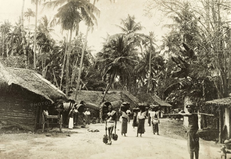 Street scene in Ceylon. Street scene in Ceylon (Sri Lanka). Several people walk to and fro along a dirt road flanked by low, thatched roof buildings. Many carry baskets containing food, perhaps on their way to a local market. Probably Colombo, Ceylon (Sri Lanka), circa 1901. Colombo, West (Sri Lanka), Sri Lanka, Southern Asia, Asia.