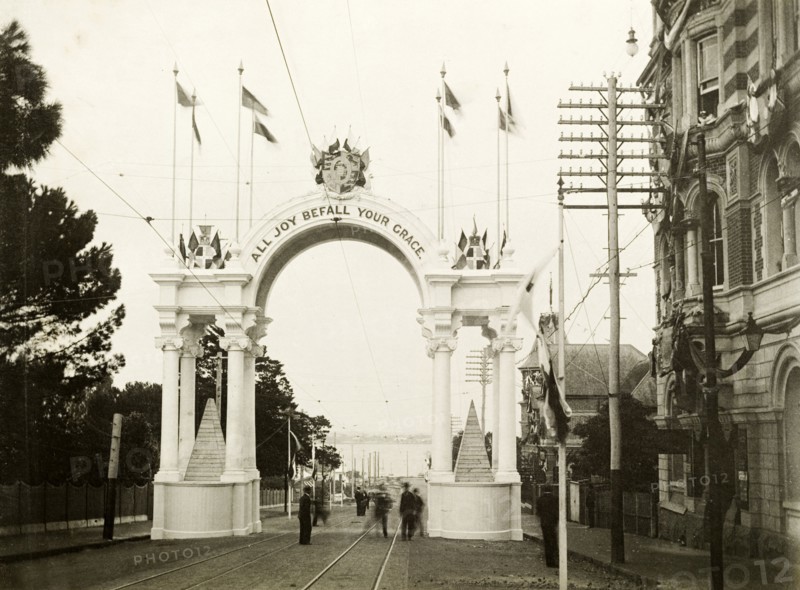 Welcome arch in Barrack Street, Perth. A welcome arch in Barrack Street, part of celebrations to welcome the Duke and Duchess of Cornwall and York (later King George V and Queen Mary) to Perth. Perth, Australia, July 1901. Perth, West Australia, Australia, Australia, Oceania.