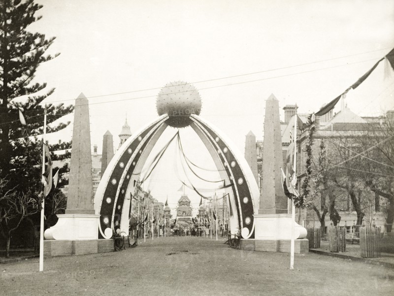 The Gold Arch at St. George's Terrace, Perth. The Gold Arch at St. George's Terrace, part of celebrations to welcome the Duke and Duchess of Cornwall and York (later King George V and Queen Mary) to Perth. Perth, Australia, July 1901. Perth, West Australia, Australia, Australia, Oceania.