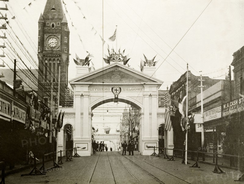 The Citizen's Arch at Hay Street, Perth. The Citizen's Arch at Hay Street, part of celebrations to welcome the Duke and Duchess of Cornwall and York (later King George V and Queen Mary) to Perth. Perth, Australia, July 1901. Perth, West Australia, Australia, Australia, Oceania.