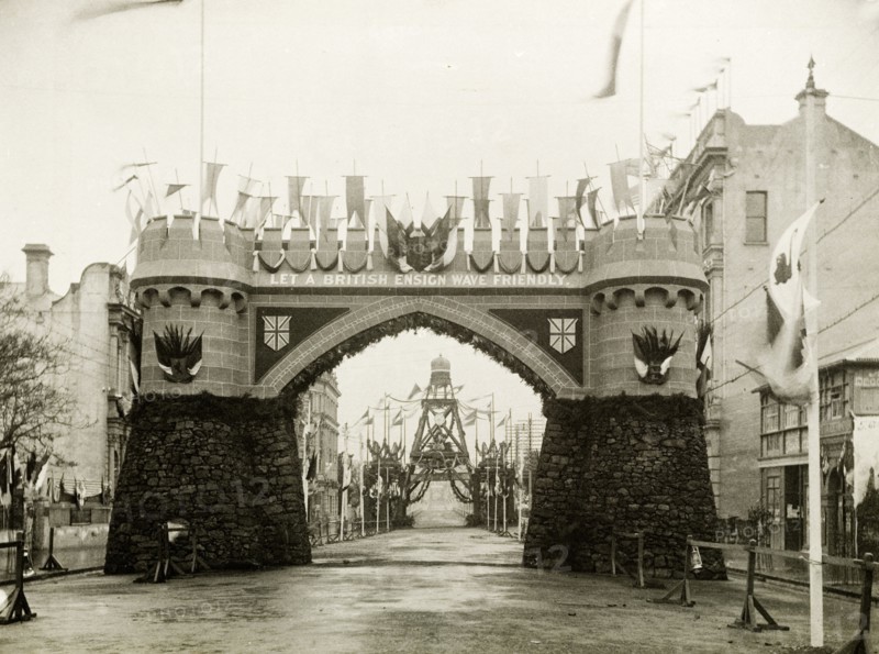 The Coach Arch at St. George's Terrace, Perth. The Coach Arch at St. George's Terrace, part of celebrations to welcome the Duke and Duchess of Cornwall and York (later King George V and Queen Mary) to Perth. Perth, Australia, July 1901. Perth, West Australia, Australia, Australia, Oceania.