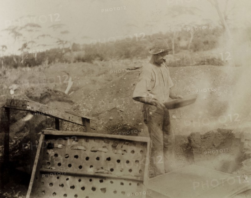 Panning for gold at Kalgoorlie. A miner concentrates as he pans for gold outside a Kalgoorlie shaft mine. A number of metal and wooden pit props are visible in the foreground. Probably Kalgoorlie, Australia, circa 1901. Kalgoorlie, West Australia, Australia, Australia, Oceania.