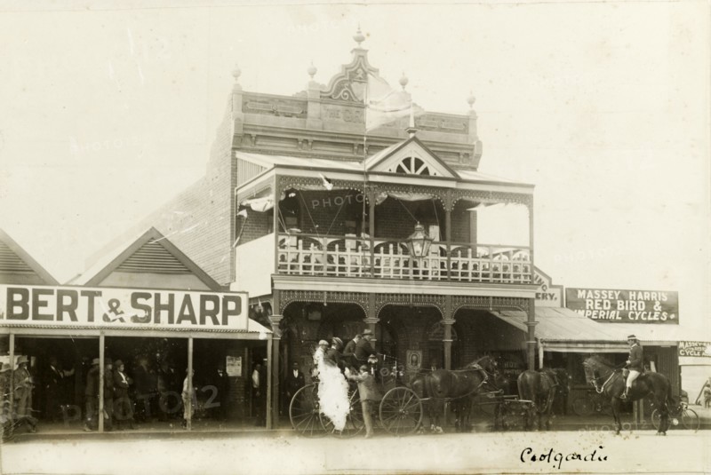 A main street in Coolgardie. A colonial building, perhaps a hotel, located on a main street of Coolgardie, a gold rush town that by 1898, was the third largest town in Western Australia. Coolgardie, Australia, circa 1901. Coolgardie, West Australia, Australia, Australia, Oceania.
