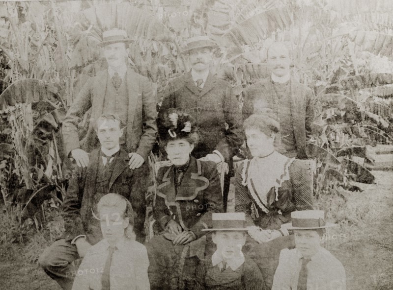 Members of the Lawley family and their friends. Members of the Lawley family and their friends assemble for a group portrait. Sir Arthur Lawley, Governor of Western Australia, stands in the back row (centre), his wife, Annie, is seated in the middle row (right), and their daughters, Ursula and Cecilia, sit in the front row. Western Australia, Australia, circa 1901., West Australia, Australia, Australia, Oceania.