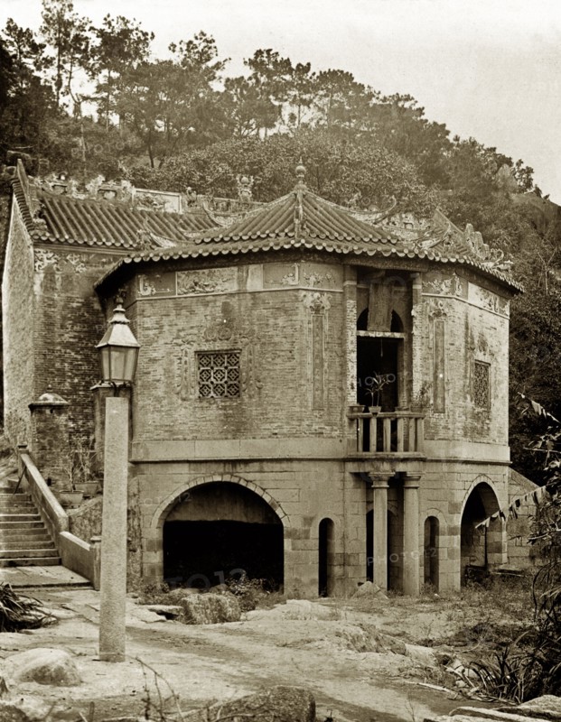 A Chinese Joss house in Hong Kong. A large apse, supported by arches, projects from the rear of a Joss house (Chinese temple). Hong Kong, China, circa 1903., Hong Kong, China, People's Republic of, Eastern Asia, Asia.