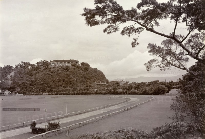 Happy Valley Horse Racing Track. View across the Happy Valley Horse Racing Track, originally built in 1845 for the entertainment of British colonists. Wan Chai, Hong Kong, China, circa 1903. Wan Chai, Hong Kong, China, People's Republic of, Eastern Asia, Asia.