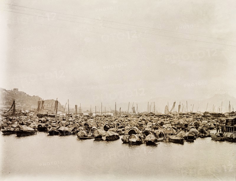 Sampans in Shau Kei Wan bay. Hundreds of Chinese sampans sit at anchor in Shau Kei Wan bay. Shau Kei Wan, Hong Kong, China, circa 1903. Shau Kei Wan, Hong Kong, China, People's Republic of, Eastern Asia, Asia.