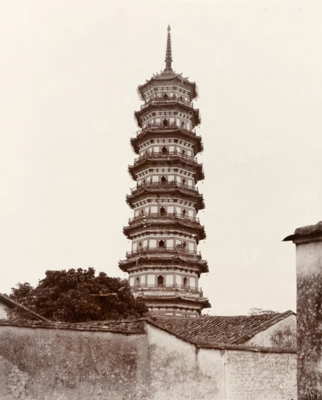 The Flower Pagoda at Canton. View of the ornamental Flower Pagoda, the most prominent architectural feature of the Buddhist Temple of the Six Banyan Trees. Canton, Canton Province (Guangzhou, Guangdong), China, circa 1905. Guangzhou, Guangdong, China, People's Republic of, Eastern Asia, Asia.