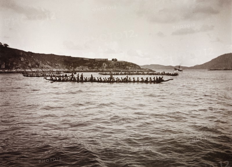 Chinese Dragon Boat Festival on the Li River. Teams of rowers race each other on the Li River during festivites for the annual Chinese Dragon Boat Festival. Aberdeen, Hong Kong, China, circa 1905. Aberdeen, Hong Kong, China, People's Republic of, Eastern Asia, Asia.