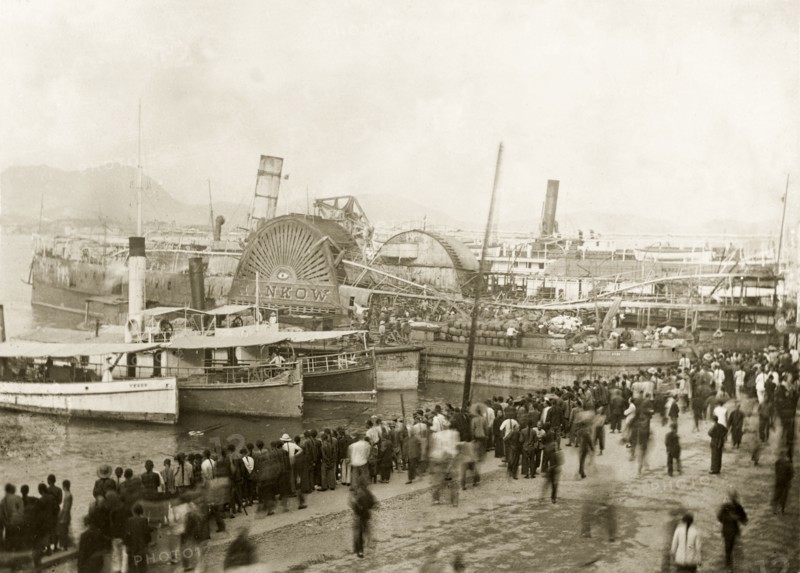 SS Hankow gutted by fire after a typhoon. SS Hankow, a Hong Kong paddle steamer, pictured in harbour shortly after a fire gutted her interior, claiming 100 lives. Related photographs suggest the boat may have been one of many vessels affected by a devastating typhoon that struck Hong Kong on 18 September. Hong Kong, China, circa 14 October 1906., Hong Kong, China, People's Republic of, Eastern Asia, Asia.