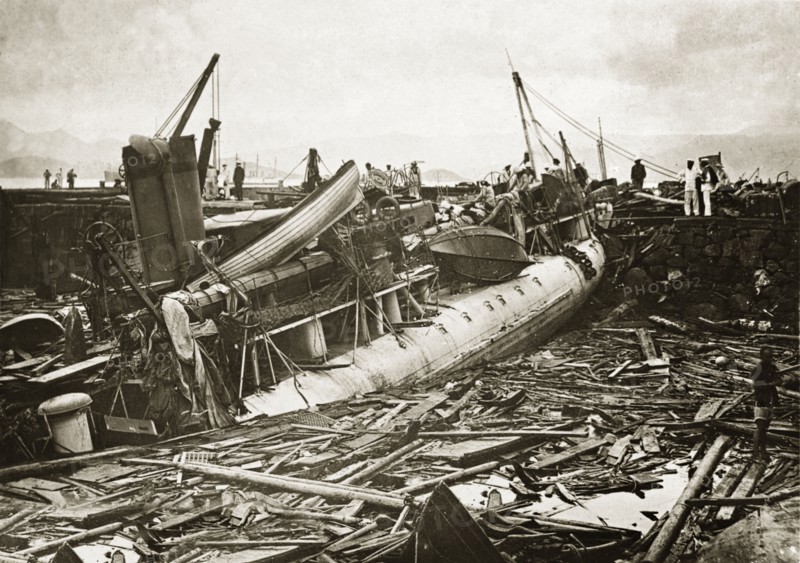 Wreckage of a French destroyer after a typhoon. The wreckage of a French naval destroyer lies in a tangled heap on the harbourside, three weeks after it was stricken by a devastating typhoon that killed an estimated 10,000 people. Hong Kong, China, circa 14 October 1906., Hong Kong, China, People's Republic of, Eastern Asia, Asia.