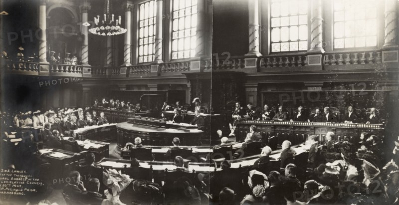 Opening of the Legislative Council in Pretoria. Sir Arthur Lawley (1860-1932), Lieutenant Governor of the Transvaal, delivers the inaugural address at the opening of the first Legislative Council of the Transvaal. The meeting took place inside the Ou Raadsaal (Old Council Chamber). Pretoria, South Africa, 20 May 1903. Pretoria, Gauteng, South Africa, Southern Africa, Africa.