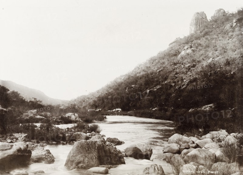 Queen's River Poort. A view of a creek along Queen's River as it flows through the Mkhonjwa mountain range, enroute to Swaziland. South Africa, circa 1904. Swaziland, Southern Africa, Africa.