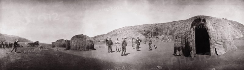 Zulu police camp. A Zulu police camp at Embabaan, containing a number of dome-shaped thatched dwellings. The Zulu police were recruited by the British to help control Swaziland. Embabaan (Mbabane), Swaziland, 1904. Mbabane, Hhohho, Swaziland, Southern Africa, Africa.