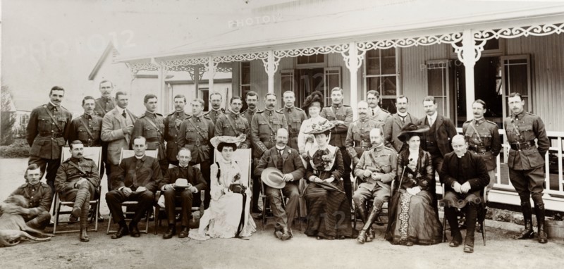 British officials in South Africa. A number of British officials line up for a group portrait. Amongst the group are Lady and Sir Arthur Lawley, Lieutenant Governor of the Transvaal, Sir Alfred and Lady Pease, and Dr Carter, the Bishop of Pretoria. Barberton, South Africa, 1904. Barberton, Mpumalanga, South Africa, Southern Africa, Africa.