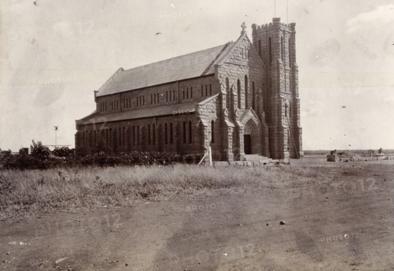 St Mary's RC Cathedral, Bulawayo. View of St Mary's Roman Catholic Cathedral in Bulawayo, showing its projecting square tower and north aisle. Bulawayo, Rhodesia (Zimbabwe), circa 1904. South Africa, Southern Africa, Africa.