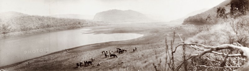 Scenic view near Louis Trichardt. View overlooking a lake near Louis Trichardt, with the Soutpansberg mountain range in the background. Louis Trichardt, Northern Transvaal (Makhado, Limpopo), South Africa, 18 October 1905. Makhado, Limpopo, South Africa, Southern Africa, Africa.