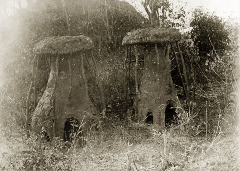 Copper ore furnaces. Two mushroom-shaped clay furnaces, used for smelting copper ore. Rhodesia (Zimbabwe), circa 1897. Zimbabwe, Southern Africa, Africa.