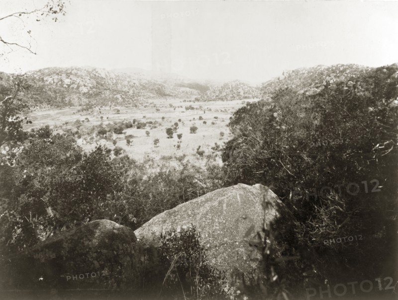 View across the Matopos Hills. View across the Matopos Hills, the scene of an indaba (council) between Cecil Rhodes and Matabele (Ndebele) leaders during the Matabele rebellion of 1896. Matabeleland, Rhodesia, (Matabeleland North, Zimbabwe), circa 1900., Matabeleland North, Zimbabwe, Southern Africa, Africa.