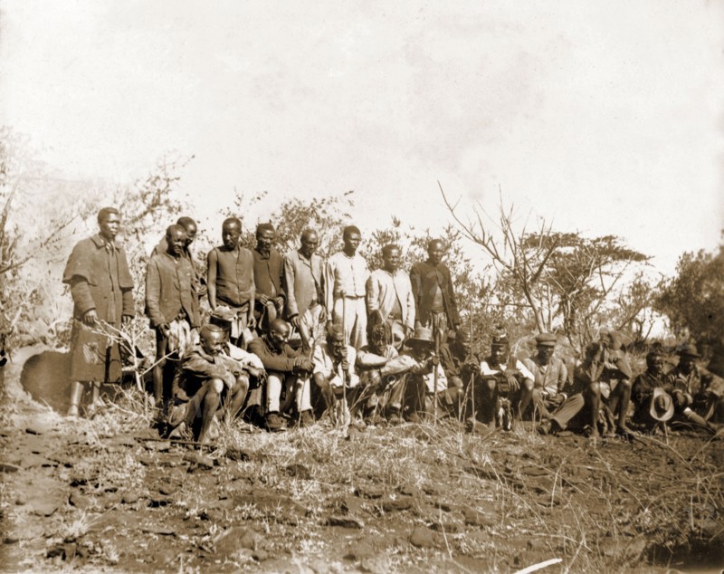 Matabele at an indaba with Cecil Rhodes. A group of Matabele (Ndebele) indunas (chiefs) are pictured during an indaba (council) with Cecil Rhodes. Rhodes and his comrades travelled unarmed into the Matapos Hills for three such indabas and successfully negotiated an end to the Matabele rebellion. Near Bulawayo, Rhodesia (Zimbabwe), circa August 1896., Matabeleland North, Zimbabwe, Southern Africa, Africa.