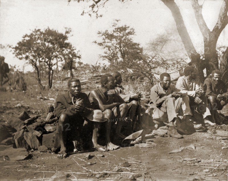 Matabele indunas at Cecil Rhodes' farm. Matabele (Ndebele) indunas (chiefs) attend an indaba (council) hosted by Cecil Rhodes at Sauerdale farm. Rhodes bought the farm after negotiating an end to the Matabele rebellion. Near Bulawayo, Rhodesia (Zimbabwe), 5 July 1897., Matabeleland North, Zimbabwe, Southern Africa, Africa.