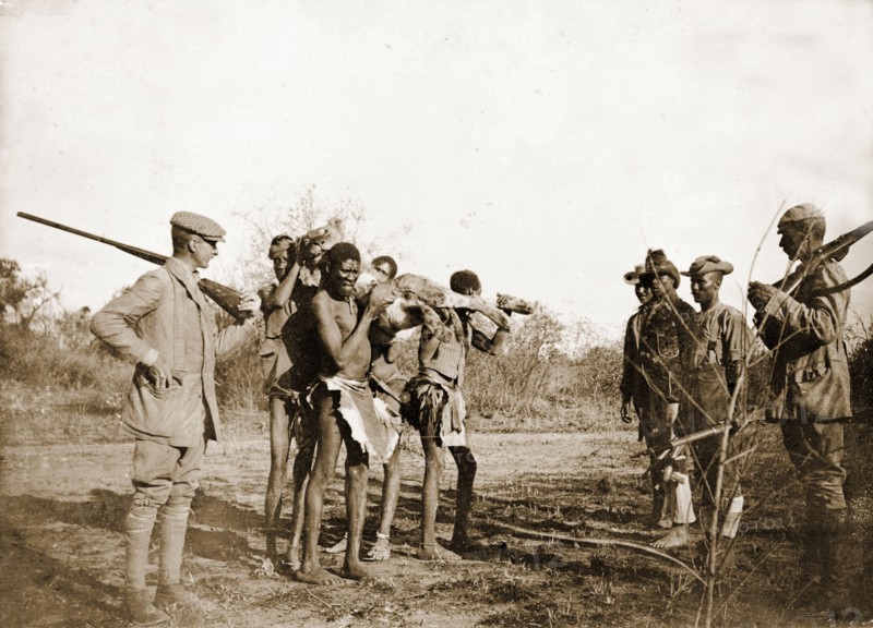 Major Lawley collects his lion. Major Richard Lawley (1856-1918), brother of Captain Arthur Lawley (1860-1932), stands with a rifle slung over his shoulder as a team of African porters carry the carcass of a lion he has shot during a hunting expedition. Near Bulawayo, Matabeleland, Rhodesia (Matabeleland North, Zimbabwe), circa August 1897., Matabeleland North, Zimbabwe, Southern Africa, Africa.
