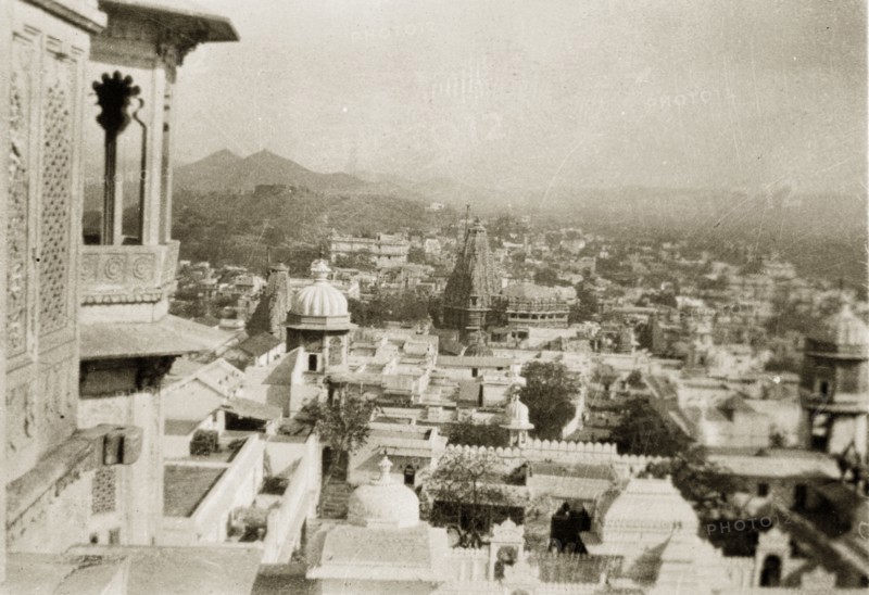 View across Udaipur, India. View across the city of Udaipur, looking towards the Aravalli mountains on the horizon. Udaipur, Rajputana (Rajasthan), India, circa 1928. Udaipur, Rajasthan, India, Southern Asia, Asia.