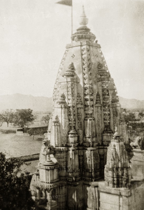 Brahma Temple in Pushkar, India. View of the ornately carved 'sikhara' (tower) of the Brahma Temple, a 14th century structure built in dedication to the Hindu deity Lord Brahma, who is worshipped as Creator of the World. Pushkar, Ajmer-Merwara (Rajasthan), India, circa 1928. Pushkar, Rajasthan, India, Southern Asia, Asia.