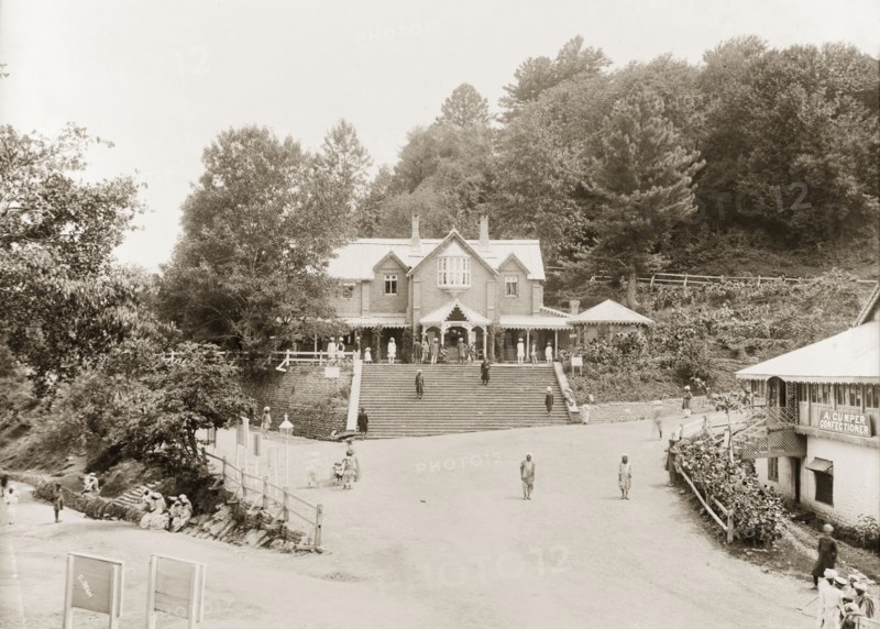 The Post Office building in Muree. View of the colonial-style Post Office building in Murree, set back from the main road at the top of a wide flight of steps. Murree, Punjab, India (Pakistan), circa 1927. Murree, Punjab, Pakistan, Southern Asia, Asia.