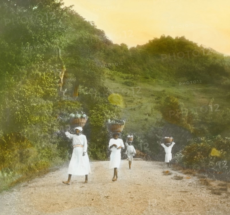 Transporting breadfruit in St Vincent. Women and children carry breadfruit along a country road in baskets balanced on their heads. St Vincent, circa 1910. St Vincent and the Grenadines, Caribbean, North America .
