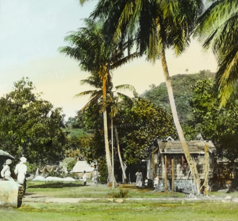 A fishing village in St Vincent. A fishing village near the coast. St Vincent, circa 1910. St Vincent and the Grenadines, Caribbean, North America .
