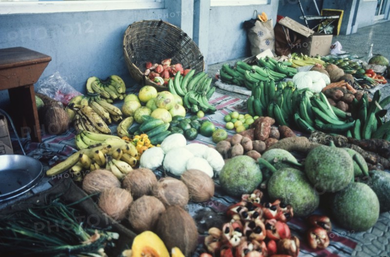 A Jamaican fruit market. An official Jamaican Tourist Board photograph features a colourful display of fruit at an outdoor market in Kingston. Kingston, Jamaica. Kingston, Kingston, Jamaica, Caribbean, North America .