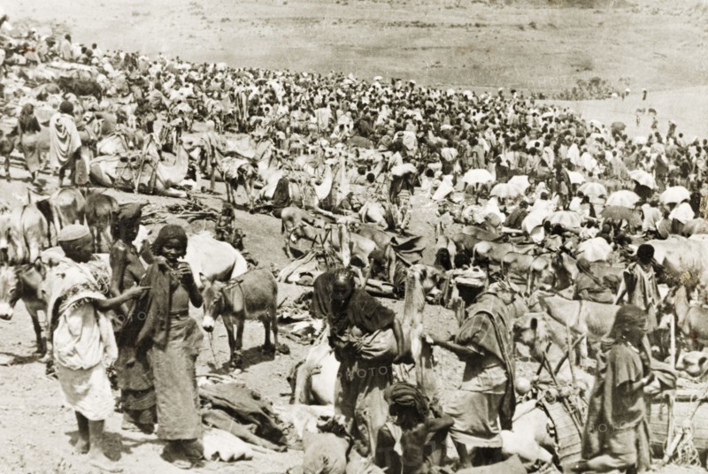 Camel market in Eritrea. A throng of people crowd a camel market in Eritrea. Eritrea, 1943. Eritrea, Eastern Africa, Africa.