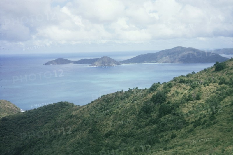 Tortola, British Virgin Islands. View from Tortola looking out over the Caribbean Sea to the outlying islands. Tortola, British Virgin Islands, 1975., Tortola, British Virgin Islands, Caribbean, North America .