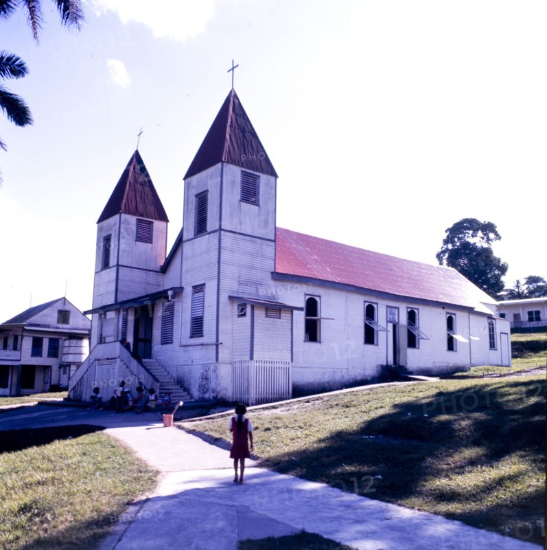 Christian church in San Ignacio, Belize. A colonial-style Christian church in San Ignacio. San Ignacio Cayo, Belize, circa 1975. San Ignacio Cayo, Cayo, Belize, Central America, North America .
