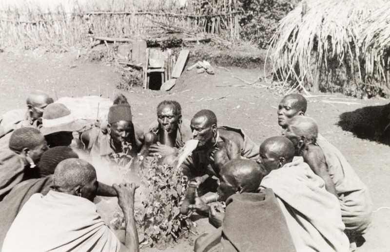 Kikuyu good fortune ceremony. A group of Kikuyu men gather in a circle, performing a ceremony to bring good fortune to anyone embarking on a journey. An original caption comments: "(A) witchdoctor collects herbs... from all the paths leading to the village, and spits on them (to bring) good luck". Nyeri, Kenya, 1936. Nyeri, Central (Kenya), Kenya, Eastern Africa, Africa.
