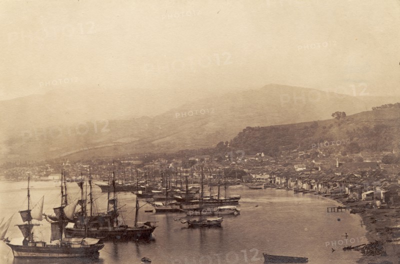 St. Pierre before the Mount Pelee eruption. View of sailing ships in St. Pierre harbour, taken shortly before the eruption of Mount Pelee on 8 May 1902, which destroyed the city and killed around 29,000 people. Martinique, circa 1902. Martinique (France), Caribbean, North America .