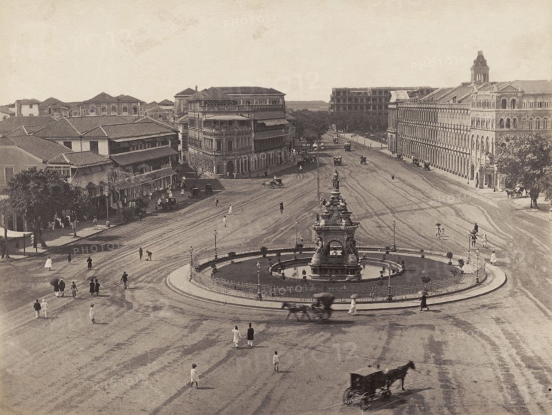 Rampart Row, Bombay. View of a roundabout with a statue centrepiece at Rampart Row, taken from the Cathedral High School. Bombay (Mumbai), India, circa 1883. Mumbai, Maharashtra, India, Southern Asia, Asia.