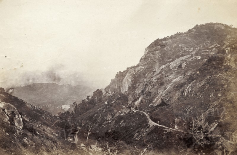 A Ceylon Government Railway track. A railway track belonging to the Ceylon Govenment Railway clings to a steep mountain escarpment. Ceylon (Sri Lanka), circa 1865. Sri Lanka, Southern Asia, Asia.