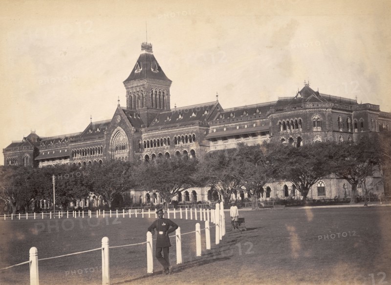 The Secretariat Building, Bombay. The grandiose Secretariat Building in Bombay, designed and built between 1865 and 1874 by Colonel Henry St Clair Wilkins and planners, Sir Henry Bartle and Edward Frere. Constructed in Venetian Gothic style, the building now serves as the city's civil and sessions court. Bombay (Mumbai), Maharashtra, India, circa 1883. Mumbai, Maharashtra, India, Southern Asia, Asia.