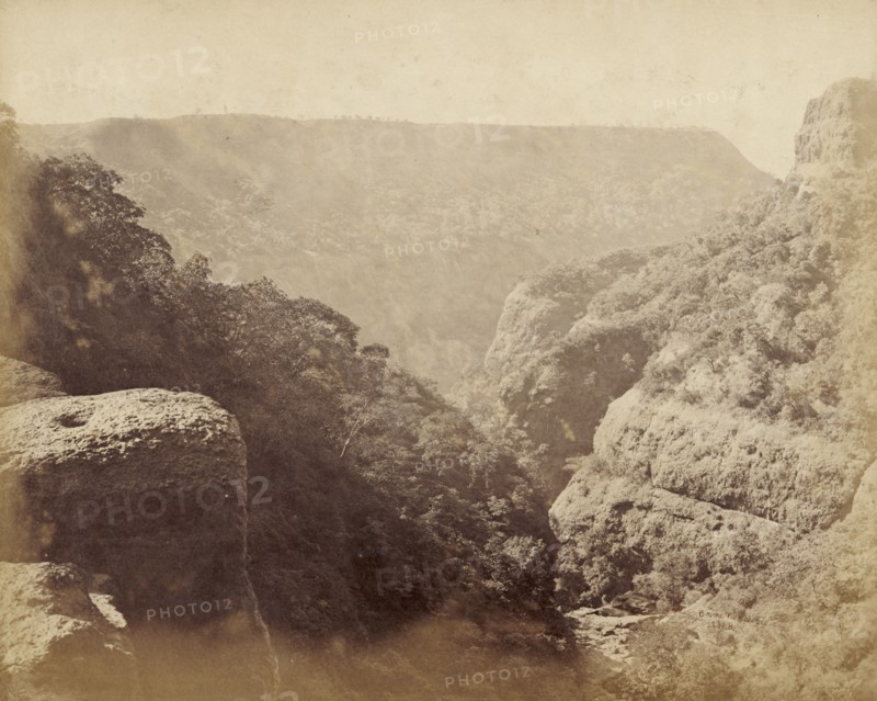 View from the Bhore Ghaut Railway . View across a mountain valley in the Western Ghants, taken from the Bhore Ghaut Railway. Maharashtra, India, circa 1883., Maharashtra, India, Southern Asia, Asia.